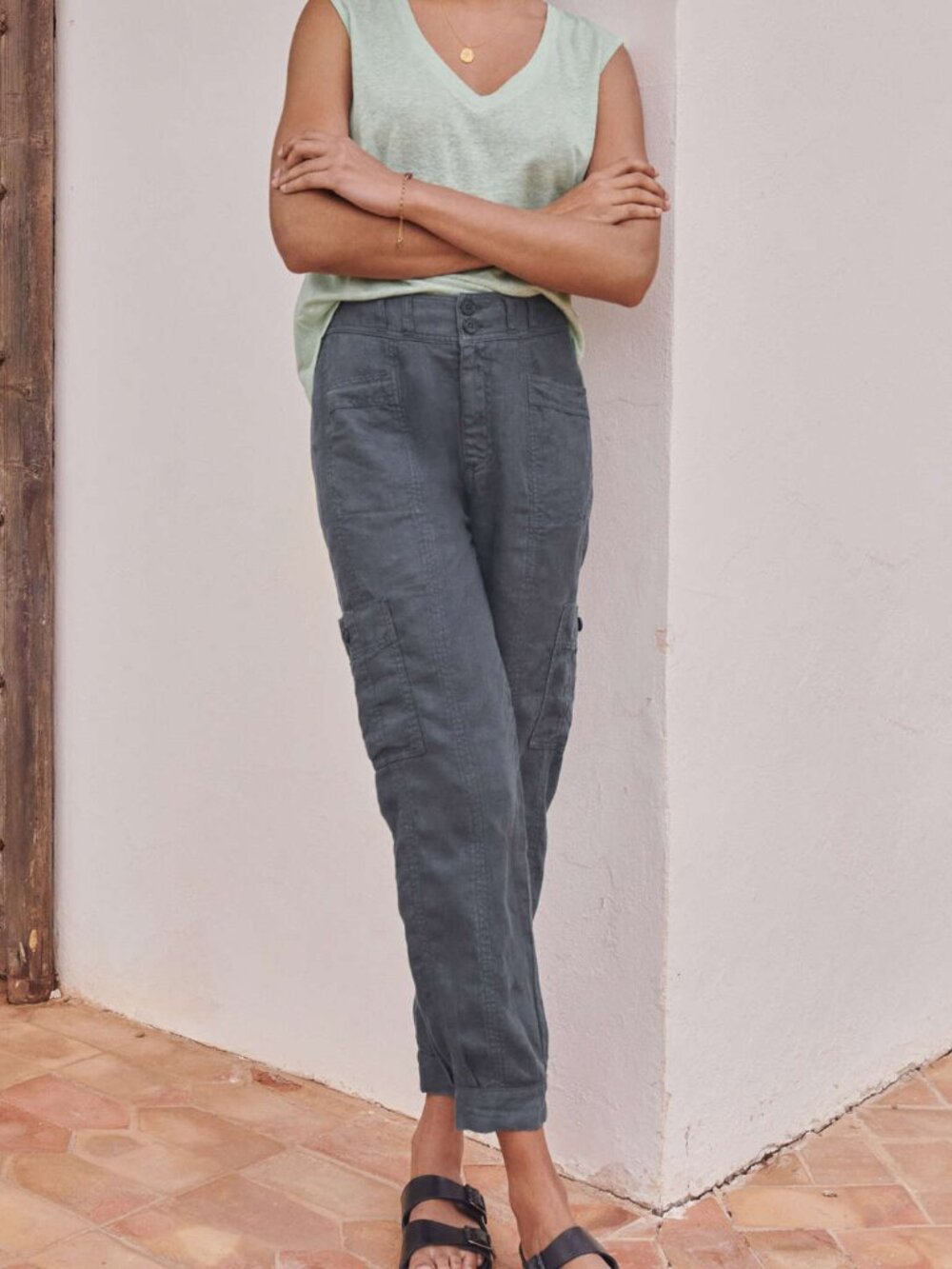 Wrap London Garment-Dyed Linen Cargo Pants Gray Blue Size 4